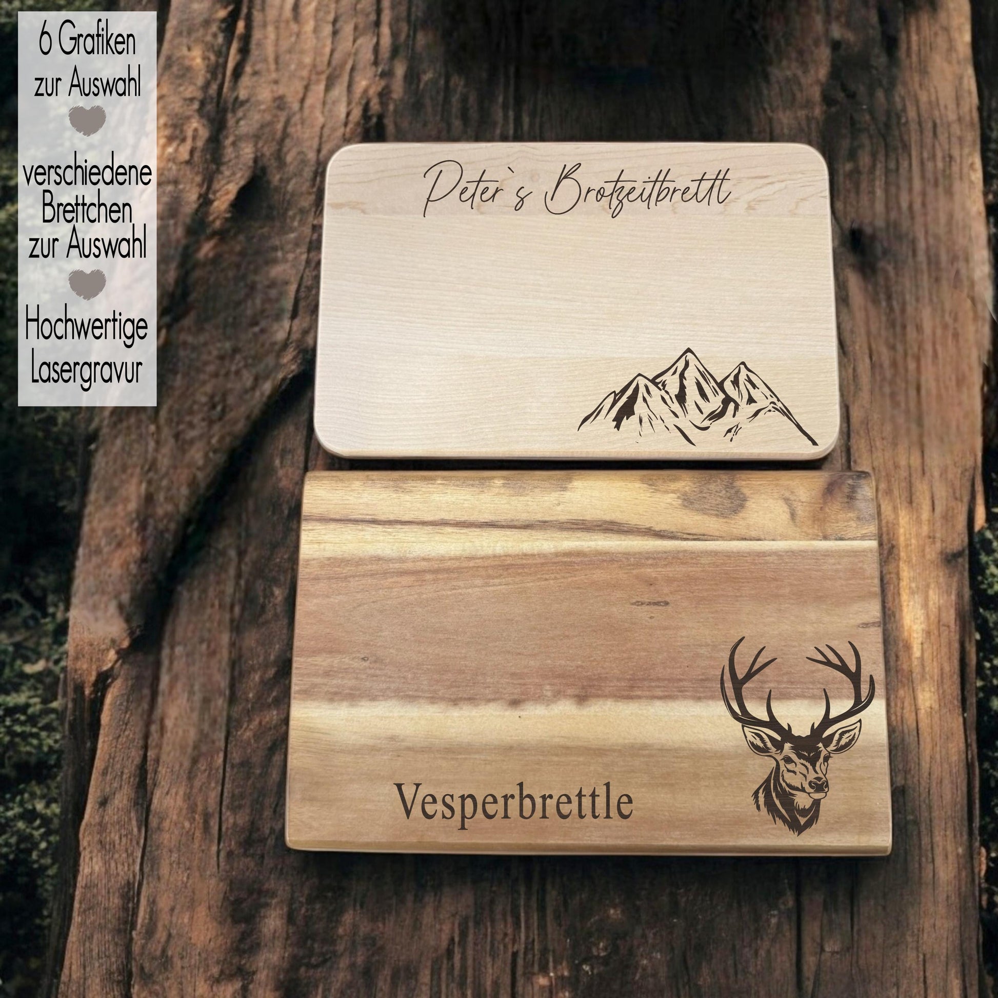 Brotzeitbrett Berge Natur personalisiert | Holzbrett Schneidebrett Frühstücksbrettchen graviert | Vesperbrett Geschenkidee Vatertag Männer | Geschenkidee Herren Mann | Rustikal | Vatertag Weihnachten Geburtstag | Hirsch Hirschkopf Kompass