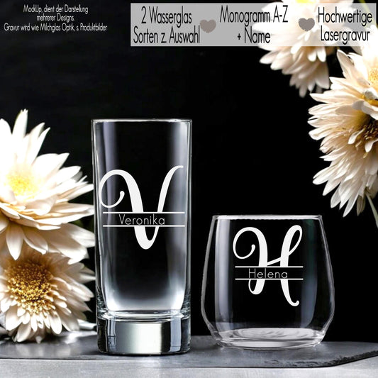 Trinkglas mit Gravur Name & Monogramm personalisiert Wasserglas Saft Geschenkidee Freundin Geschenk Frauen | Mama Geburtstag Hochzeit Monogramm und Name Wasserglas Initial