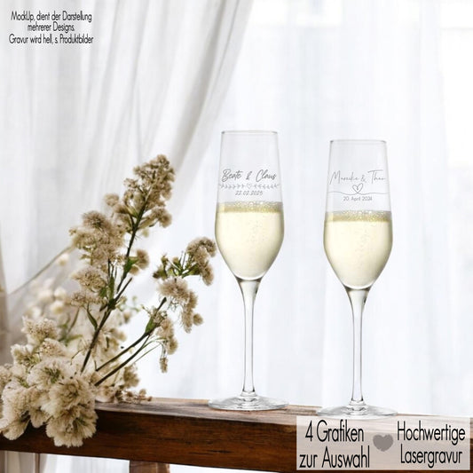 Sektglas mit Gravur personalisiert mit Namen Herz Border Love Verlobung