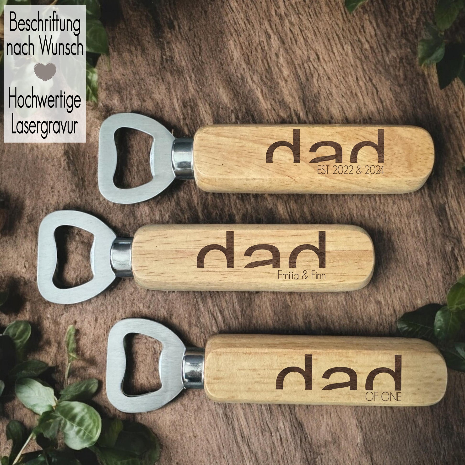 Flaschenöffner personalisiert mit Gravur Dad | Geschenkidee für Ihn | Bieröffner Kapselheber Holz für Papa | Geburtstagsgeschenk Weihnachten Dad halbe Schrift | Dad since mit Jahr Kindernamen personalisiert Wunschgravur