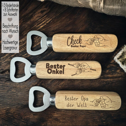 Flaschenöffner personalisiert mit Gravur Dad | Geschenkidee für Ihn | Bieröffner Kapselheber Holz für Papa | Geburtstagsgeschenk Weihnachten | Faust Hand Check cool | Kindernamen personalisiert Wunschgravur | 1-5 Hände