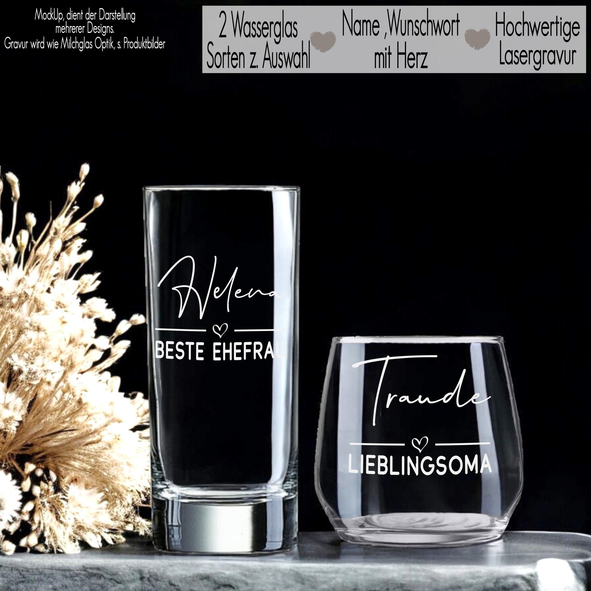 Trinkglas mit Gravur Namen personalisiert Wasserglas Saft Herz Wunschwort Geschenkidee Freundin Geschenk Frauen | Mama Geburtstag Hochzeit Beste Ehefrau Bester Ehemann Trauzeugin Braut Bräutigam Geschenkidee Erzieher mit Herz Bester Lehrer Beste Hebamme
