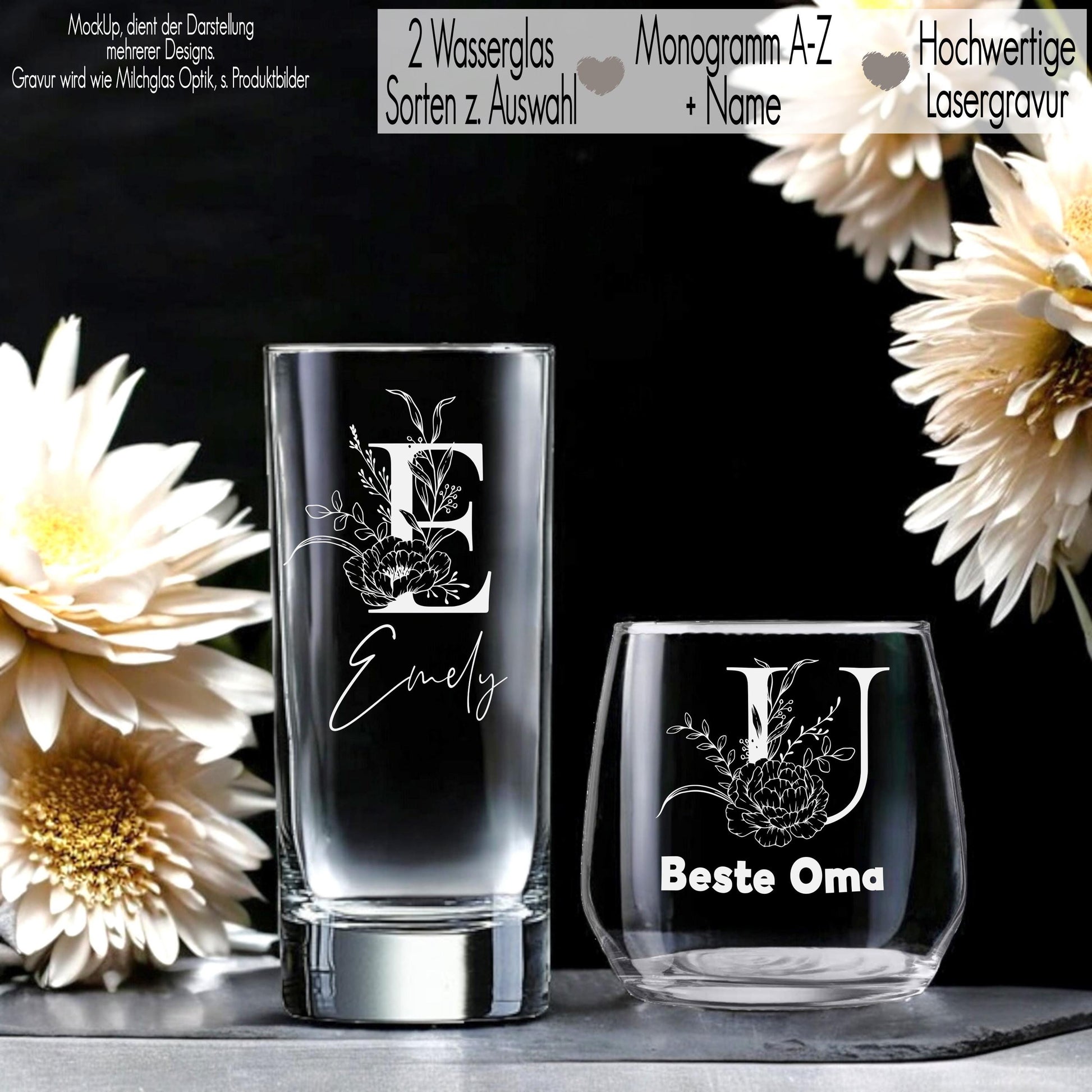 Trinkglas mit Gravur Name & Monogramm Blumen personalisiert Wasserglas Saft Geschenkidee Freundin Geschenk Frauen | Mama Geburtstag Hochzeit Blumen Monogramm und Name Wasserglas Floral Peony Pfingstrosen