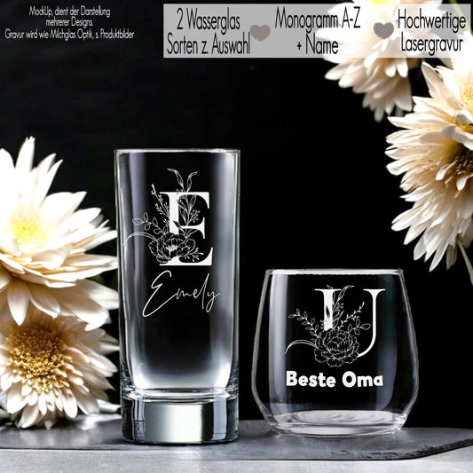 Trinkglas mit Gravur Name & Monogramm Blumen personalisiert Wasserglas Saft Geschenkidee Freundin Geschenk Frauen | Mama Geburtstag Hochzeit Blumen Monogramm und Name Wasserglas Floral Peony Pfingstrosen