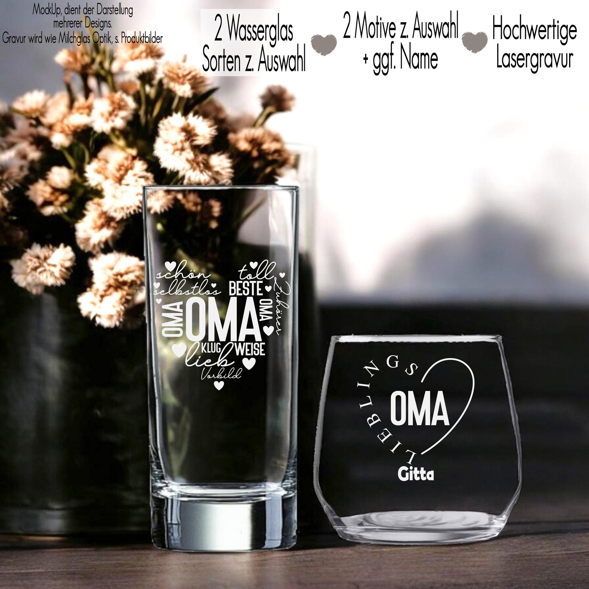 Trinkglas mit Gravur Namen personalisiert Wasserglas Geschenkidee Oma Uroma Geschenk Geburtstag Beste Oma Omi Danke sagen