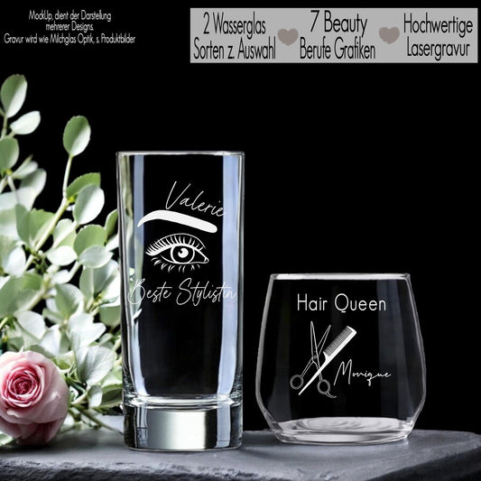 Trinkglas mit Gravur für Beauty Berufe Wasserglas personalisiert Geschenkidee Stylistin Friseur Kosmetiker Geschenk Kollegen Chef Maniküre