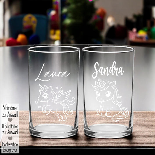 Kindertrinkglas mit Gravur Name Motiv personalisiertes Kinderglas Geschenkidee für Jungen Mädchen zum Geburtstag Einhorn Fantasie Unicorn