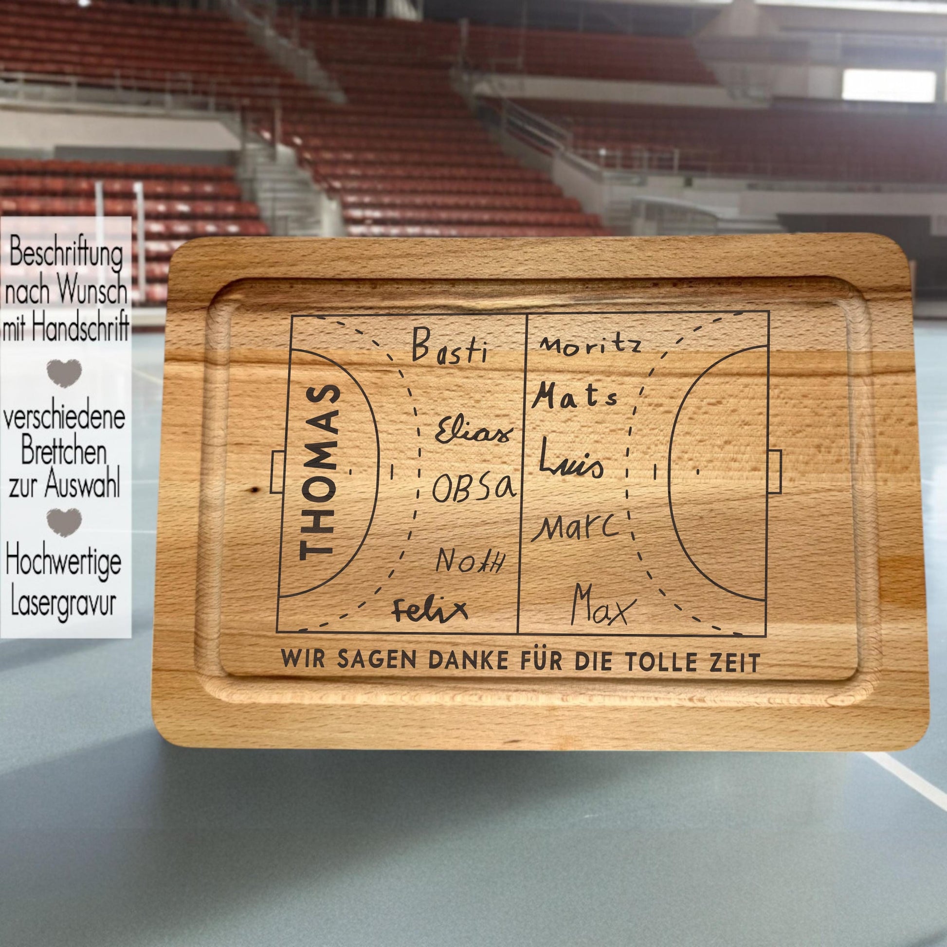 Abschiedsgeschenk Kindergarten Kita Schule Handballfan | Schneidebrett für Trainer | Vesperbrett  personalisiert | Holzbrett Handschrift | Trainer Danke sagen für die tolle Zeit | Trainer Geschenkidee | Handball EM WM mit Handballfeld
