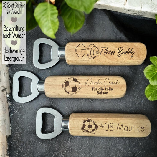 Flaschenöffner personalisiert Gravur Trainer Geschenkidee Saison Abschluß Fußball Bieröffner Handball Kapselheber Holz Geschenkidee für Ihn