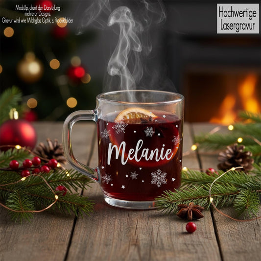 Glastasse mit Henkel Teeglas mit Gravur personalisiert Name | Glasbecher Glühweinbecher Punsch | Winter Weihnachtsgeschenk Schneeflocken