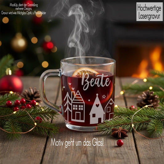 Glastasse mit Henkel Teeglas mit Gravur personalisiert Name | Glasbecher Glühweinbecher Punsch | Winter Weihnachtsgeschenk Haus Scandi Boho