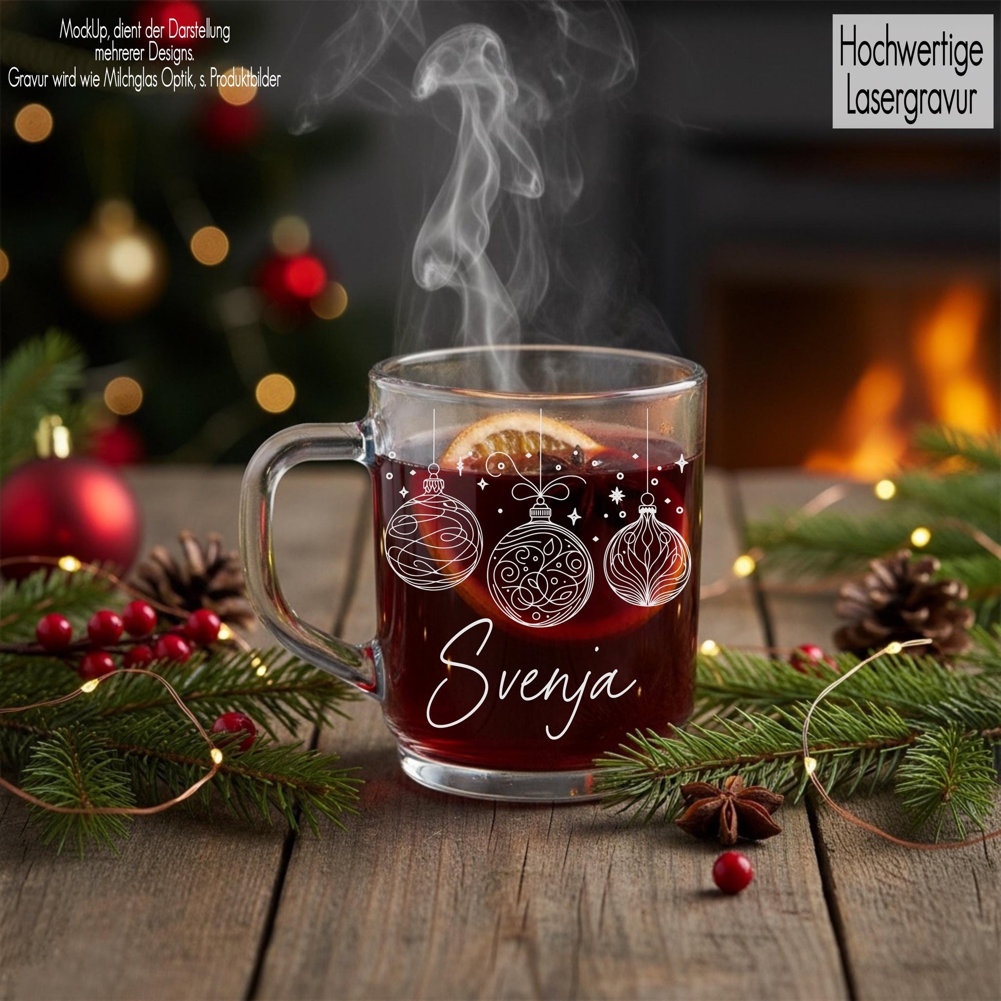 Glastasse mit Henkel Teeglas mit Gravur personalisiert Name | Glasbecher Glühweinbecher Punsch | Winter Weihnachtsgeschenk Christbaumkugel