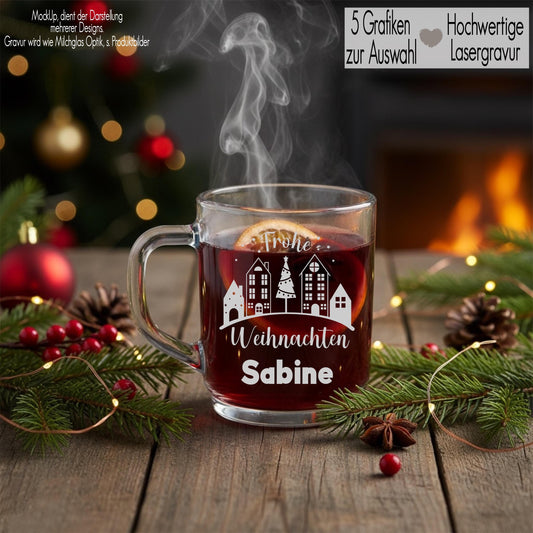 Glastasse mit Henkel Trinklgas Gravur personalisiert Name | Glasbecher Glühweinbecher Tee Tasse | Punschtasse Winter Weihnachtsgeschenk