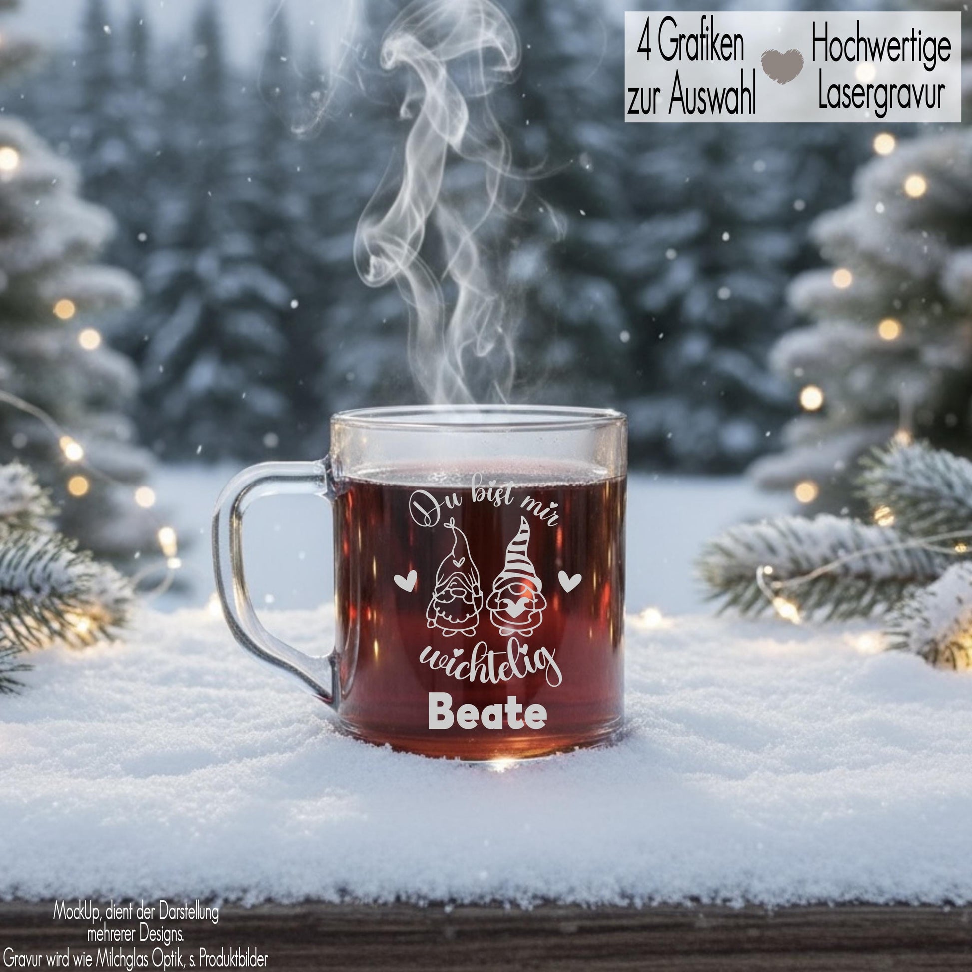 Glastasse mit Henkel Trinklgas Gravur personalisiert Name | Glasbecher Glühwein Kaffee Tee Tasse | Wichtel Gnom Winter Weihnachtsgeschenk