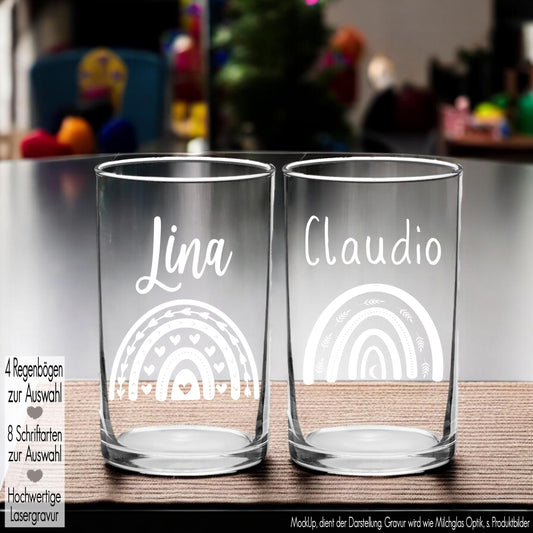 Kindertrinkglas mit Gravur Name Motiv personalisiertes Kinderglas Geschenkidee für Jungen Mädchen zum Geburtstag Regenbogen Herz
