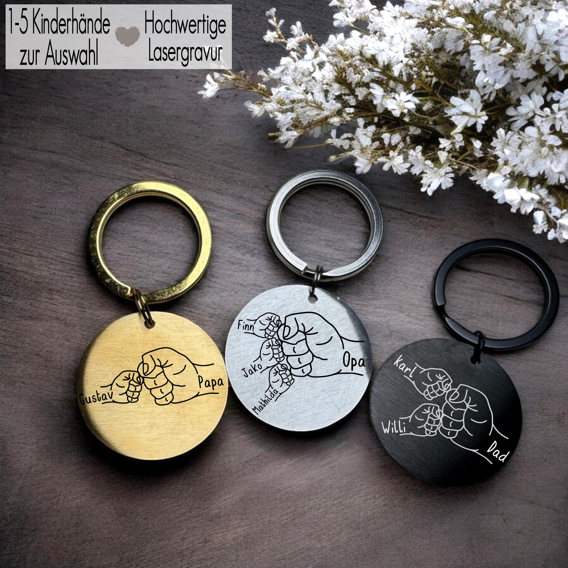 Schlüsselanhänger personalisiert mit Kinderhände und Faust Check | Familienanhänger