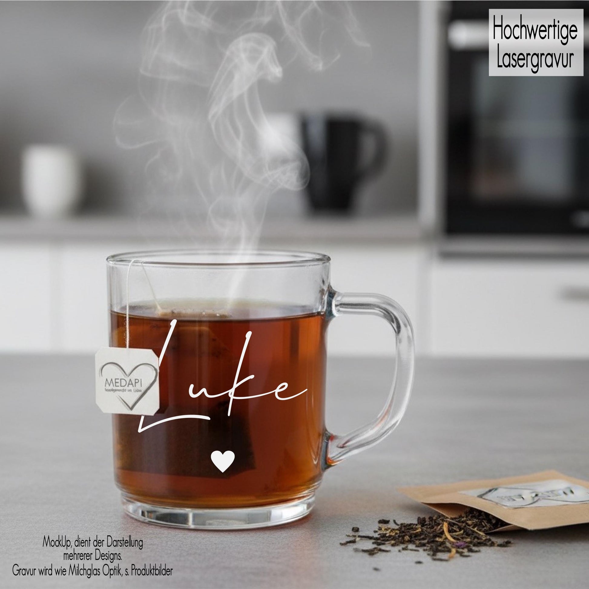 Glastasse mit Henkel Teeglas mit Gravur personalisiert Name und Herz | Glasbecher Kaffee | Weihnachtsgeschenk Geschenkidee Freundin Glühwein