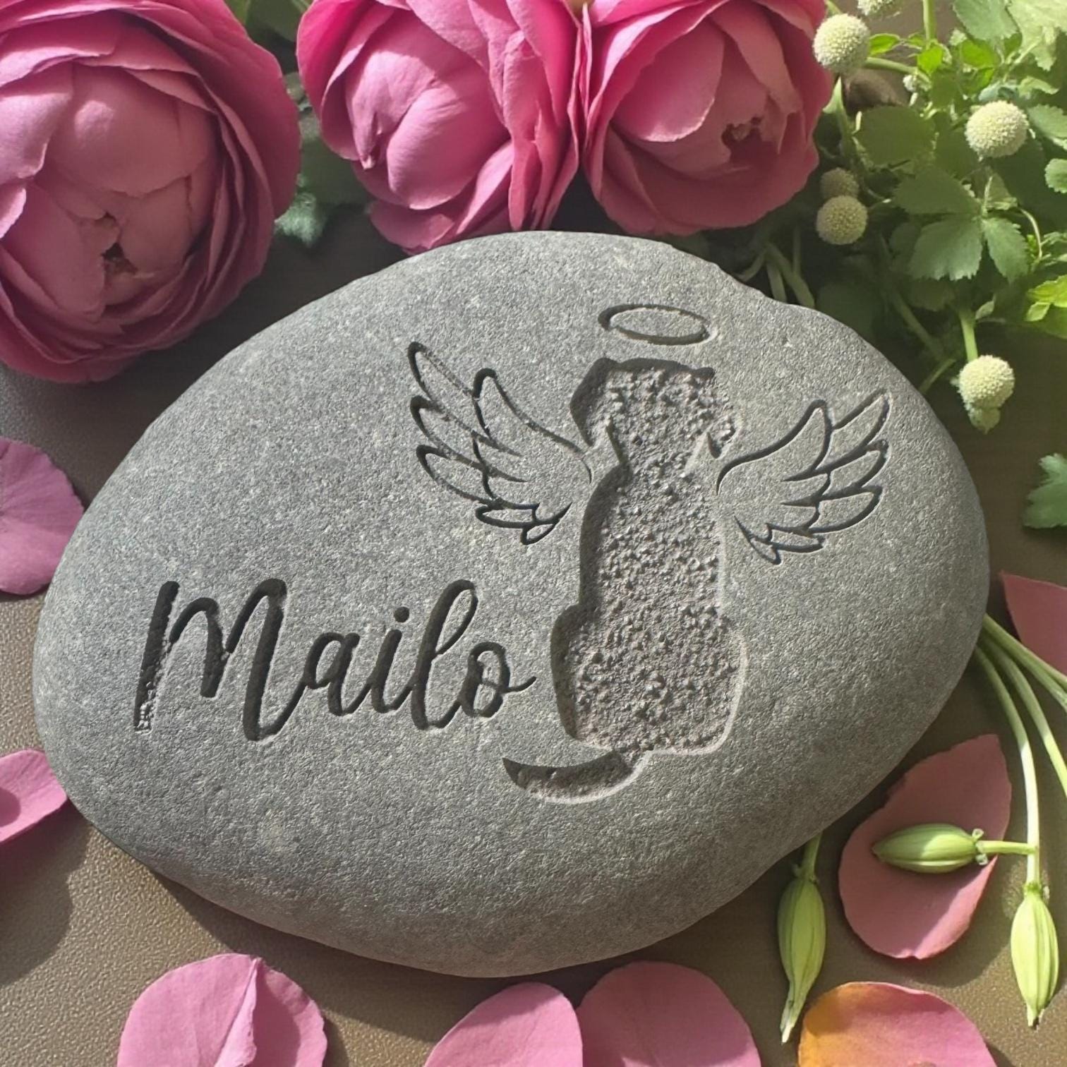 Gedenkstein mit Gravur Grabschmuck Natur Trauerstein Andenken Haustier Hund Katze Memorial Name Gedenktafel Trauerdeko Urnengrab Grabstein