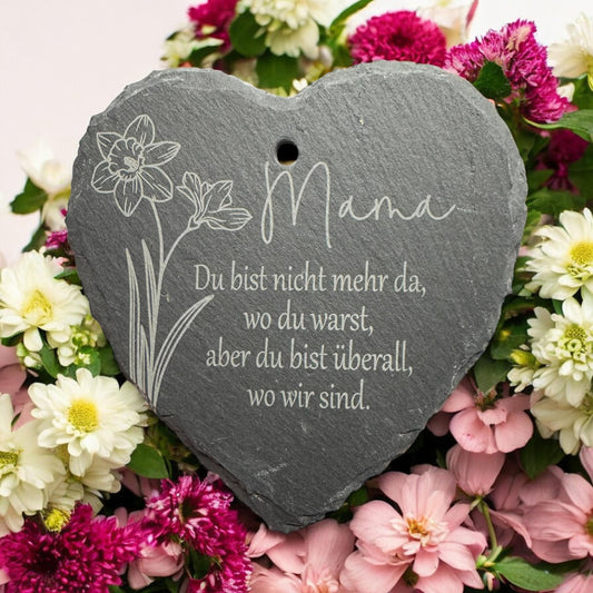 Grabschmuck mit Gravur | Schieferherz Grabstecker Wunschtext m Erdspieß | Gedenktafel Trauerdeko | Trauergeschenk Oma Mama | Monatsblumen
