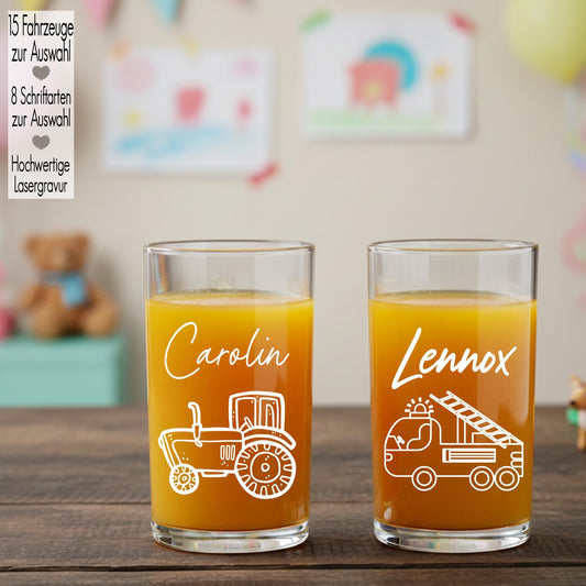 Kindertrinkglas mit Gravur Name Motiv personalisiertes Kinderglas Geschenkidee für Jungen Mädchen zum Geburtstag Fahrzeuge Traktor Flugzeug