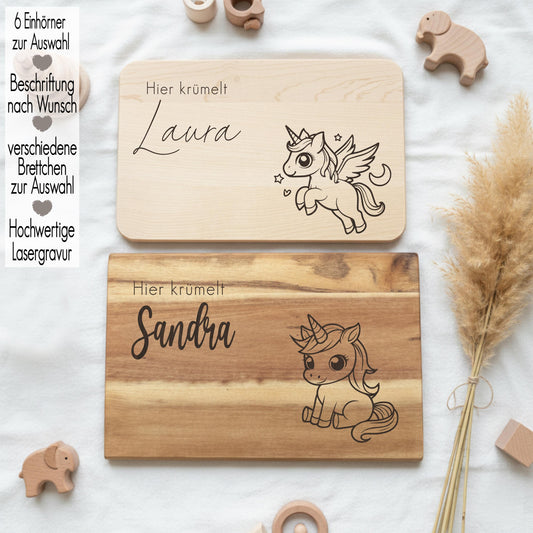 Holz Vesperbrett Kind personalisiert mit Name | Frühstücksbrett mit Gravur | Geschenk Mädchen Geburtstag Schneidebrett Einhorn Fantasy Kita