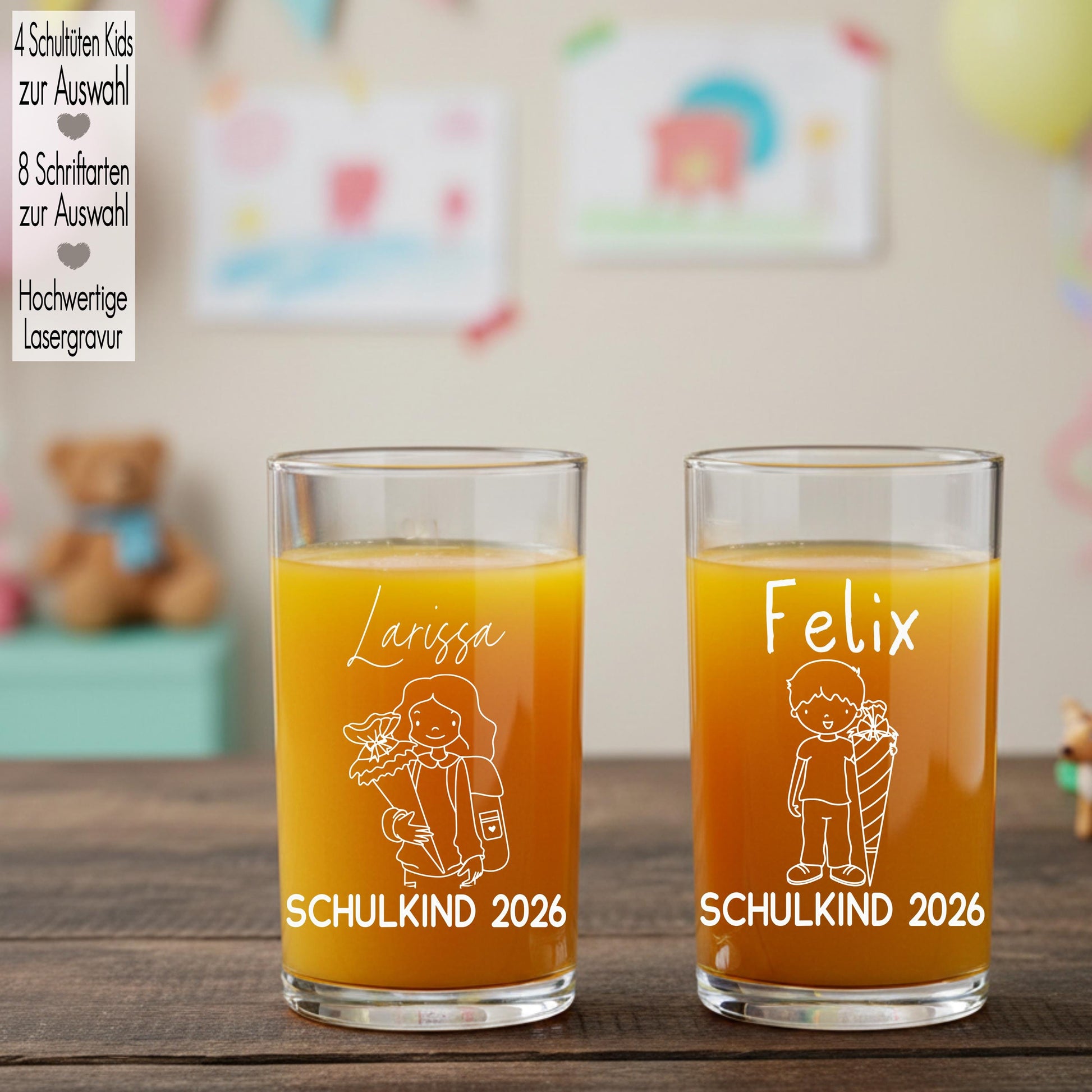 Kindertrinkglas mit Gravur Name Motiv personalisiertes Kinderglas Geschenkidee für Jungen Mädchen zur Einschulung Kita Abschied Schultüte