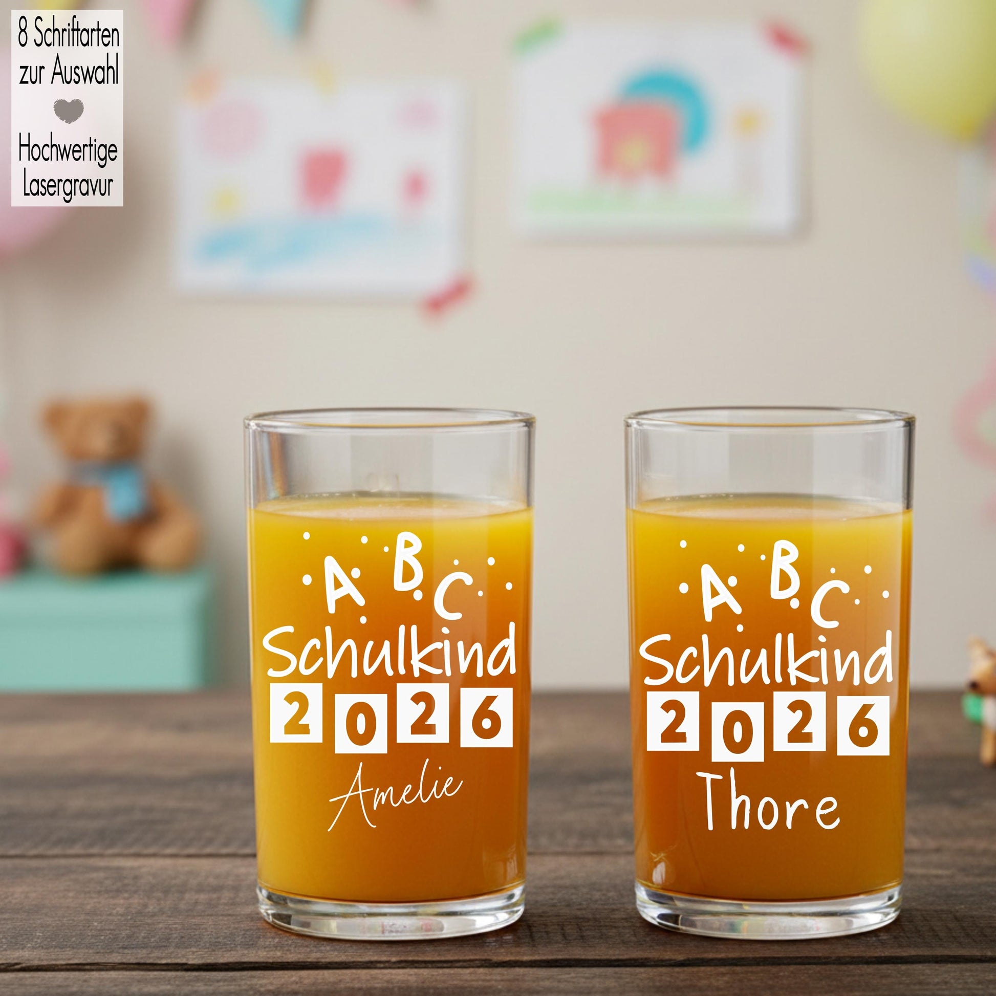 Kindertrinkglas mit Gravur Name Motiv personalisiertes Kinderglas Geschenkidee für Jungen Mädchen zur Einschulung Kita Abschied ABC Dots