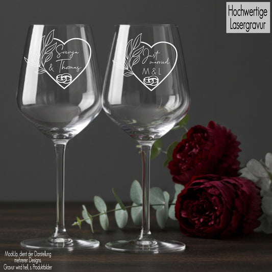 Weinglas mit Gravur personalisiert mit Namen Herz Eheringe | Geschenkidee Hochzeit Brautpaar | Hochzeitsgeschenk Gläser Trauung Rotwein