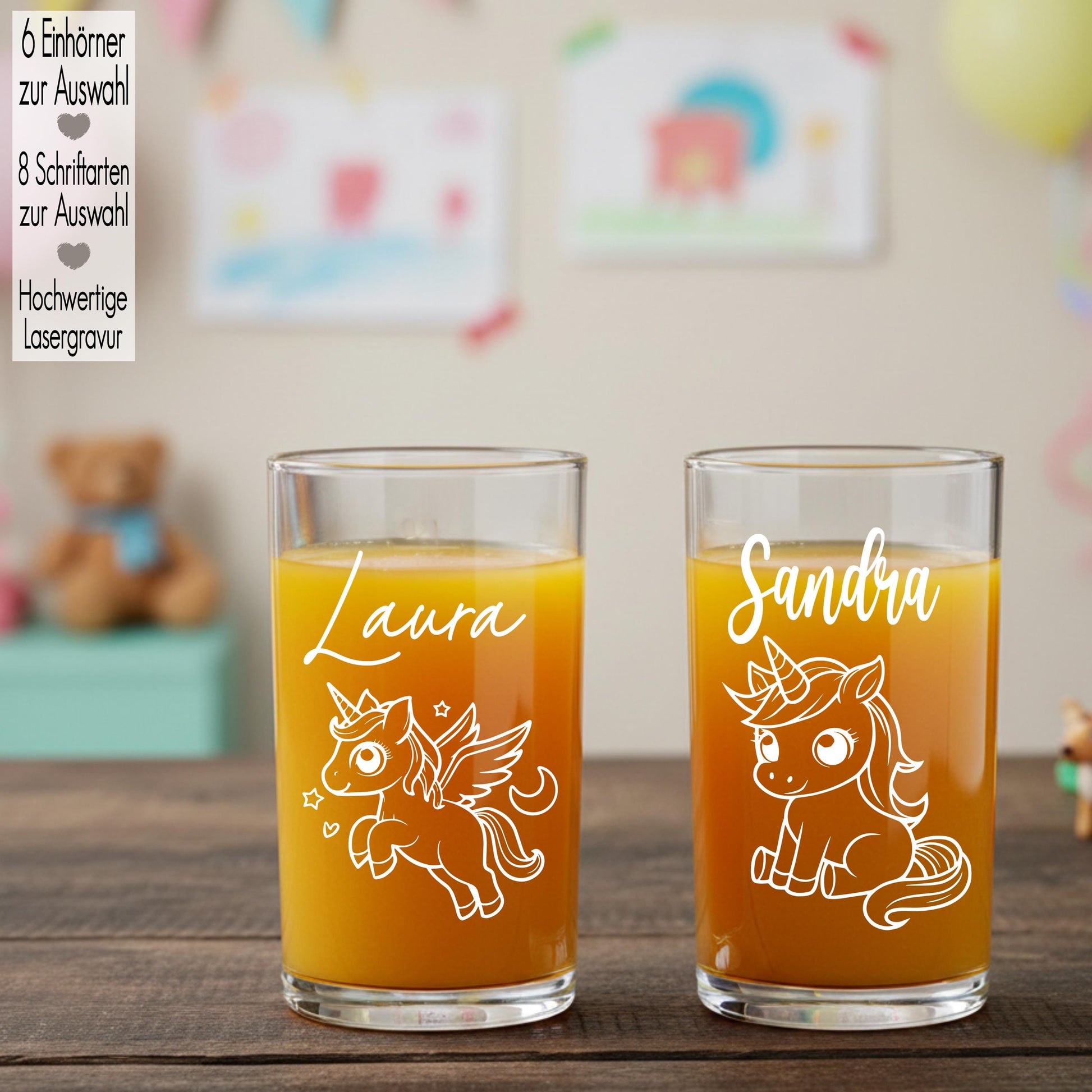 Kindertrinkglas mit Gravur Name Motiv personalisiertes Kinderglas Geschenkidee für Jungen Mädchen zum Geburtstag Einhorn Fantasie Unicorn
