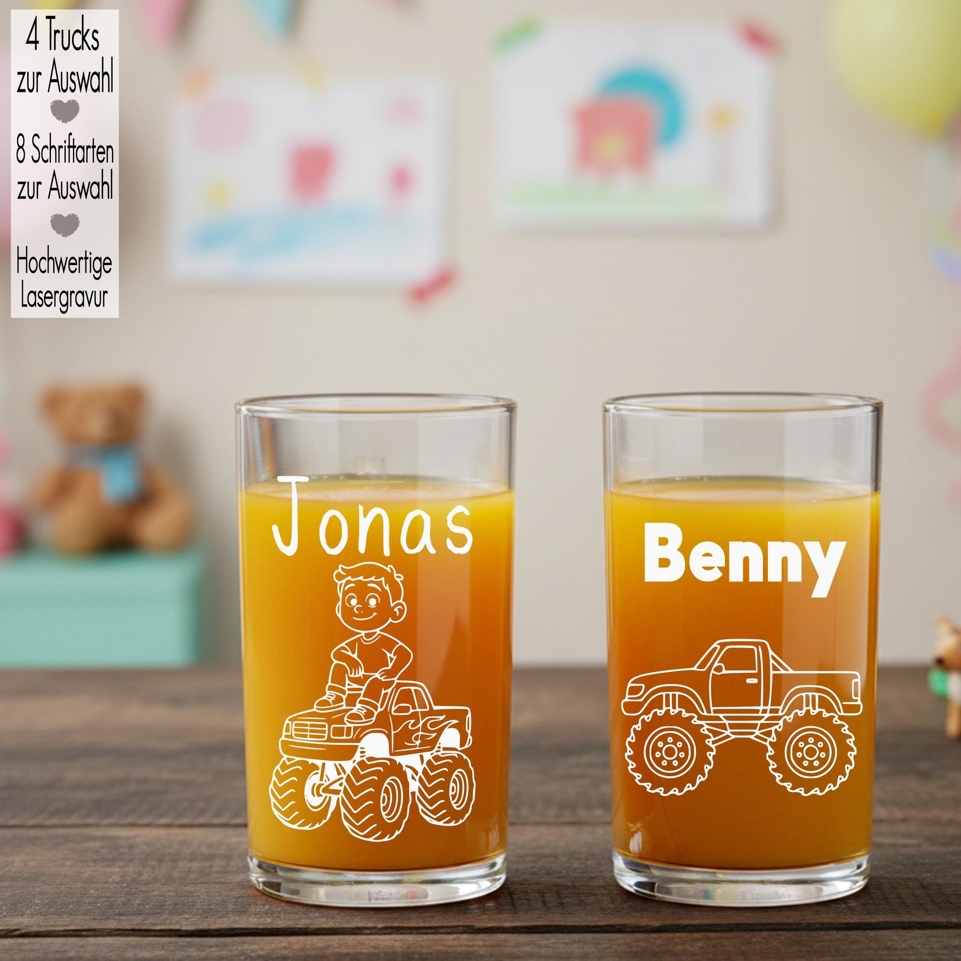 Kindertrinkglas mit Gravur Name Motiv personalisiertes Kinderglas Geschenkidee für Jungen Mädchen zum Geburtstag Monstertruck Racing