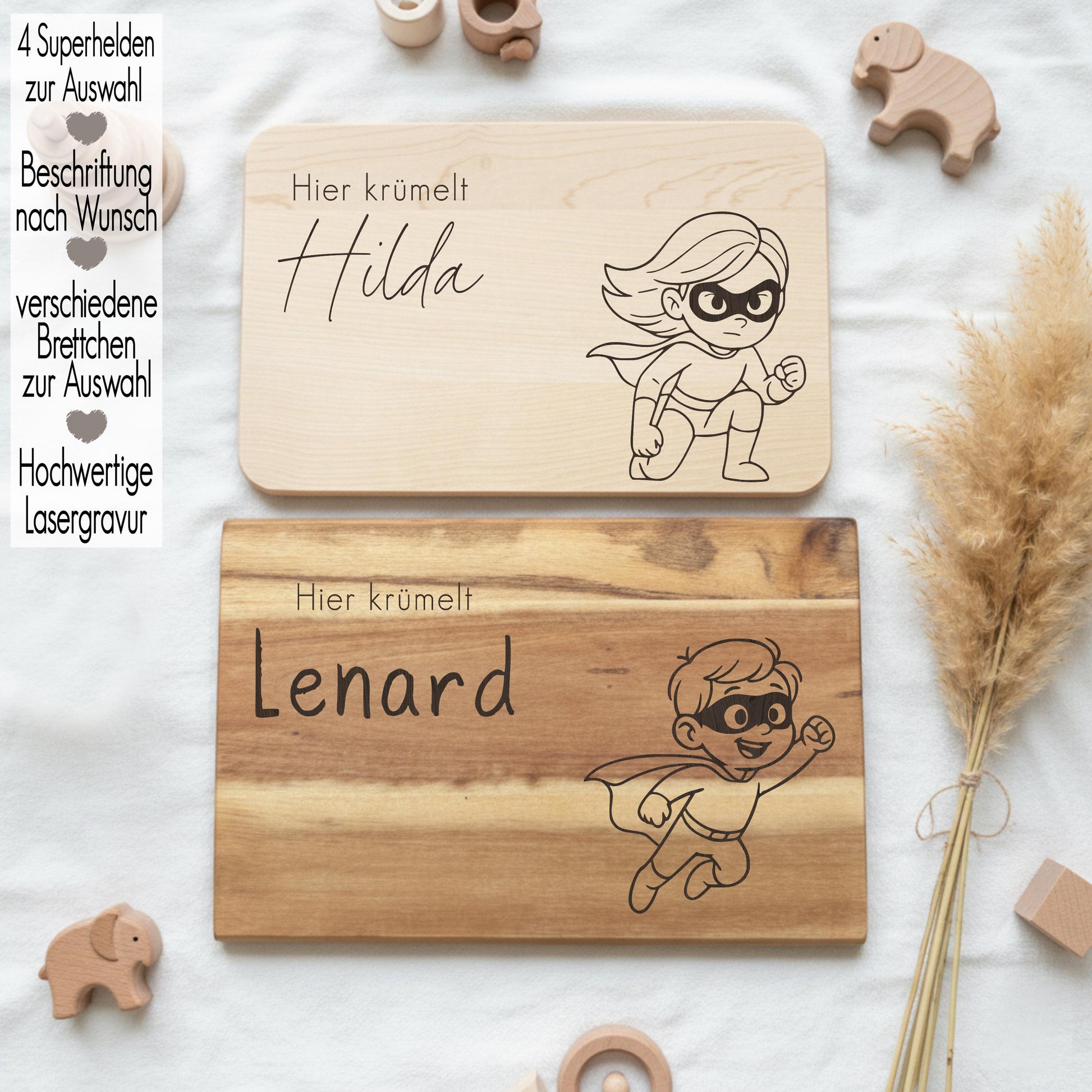 Holz Vesperbrett Kind personalisiert mit Name | Frühstücksbrett mit Gravur | Geschenk Junge Mädchen Geburtstag Schneidebrett Superheld Heros