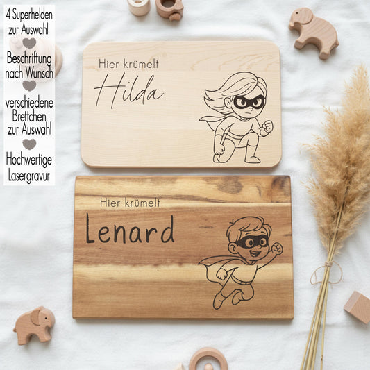 Holz Vesperbrett Kind personalisiert mit Name | Frühstücksbrett mit Gravur | Geschenk Junge Mädchen Geburtstag Schneidebrett Superheld Heros