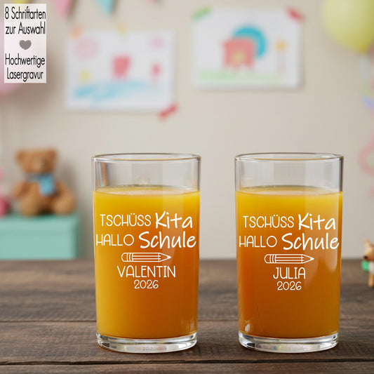 Kindertrinkglas mit Gravur Name Motiv personalisiertes Kinderglas Geschenkidee für Jungen Mädchen zur Einschulung Kita Abschied Stift