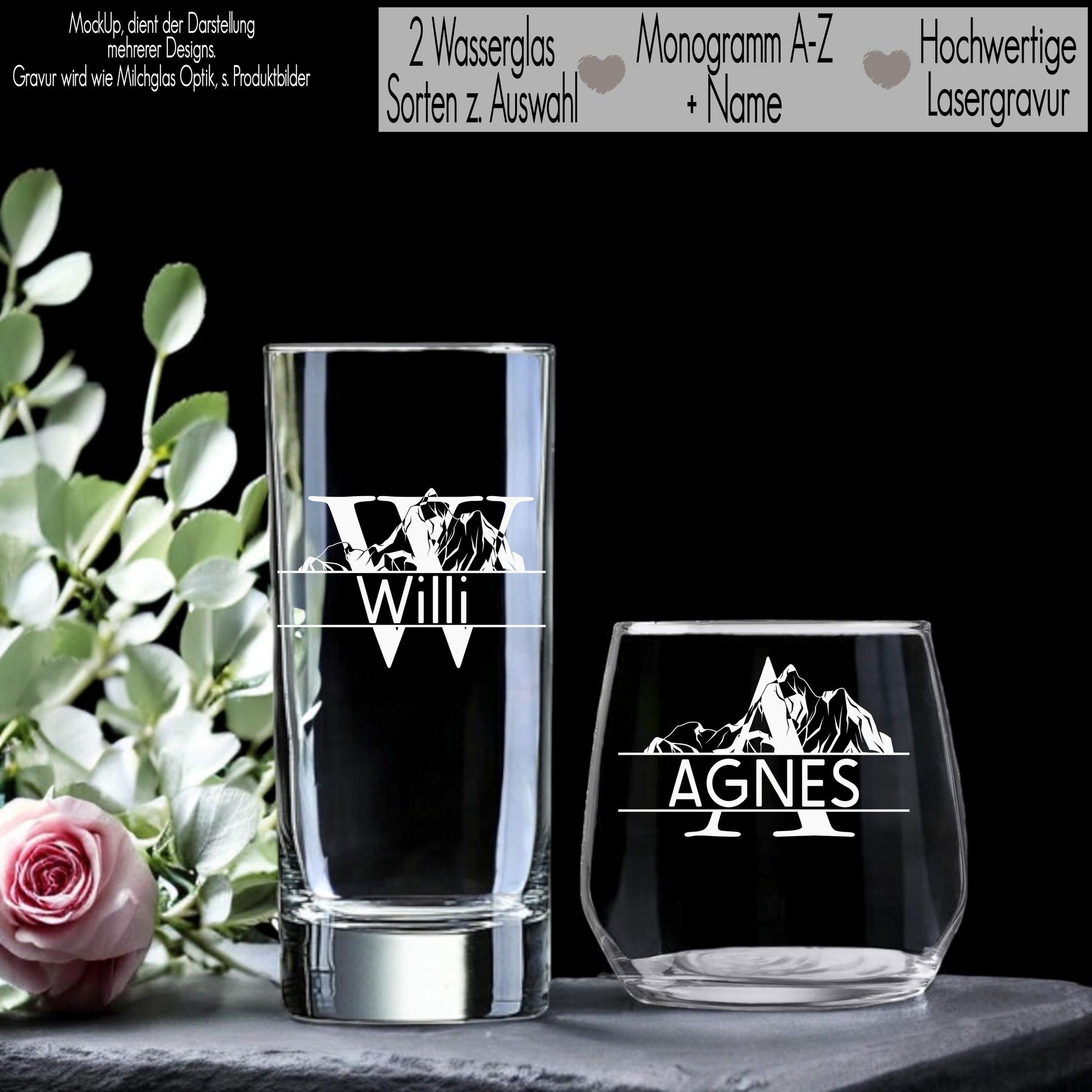 Trinkglas mit Gravur Name & Monogramm personalisiert Wasserglas Geschenkidee Freundin Geschenk Naturliebhaber Berge Camping Wandern