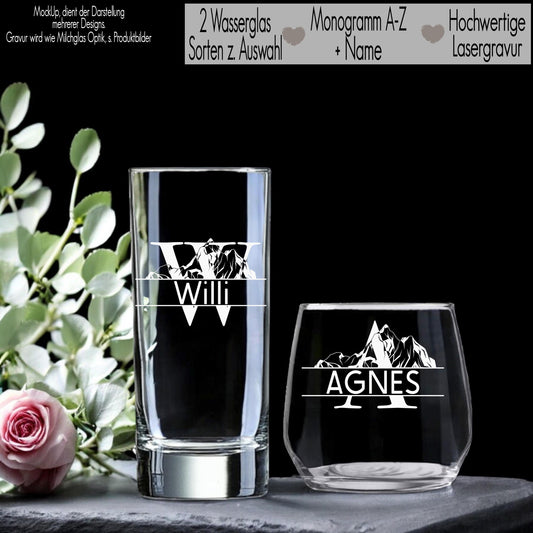 Trinkglas mit Gravur Name & Monogramm personalisiert Wasserglas Geschenkidee Freundin Geschenk Naturliebhaber Berge Camping Wandern