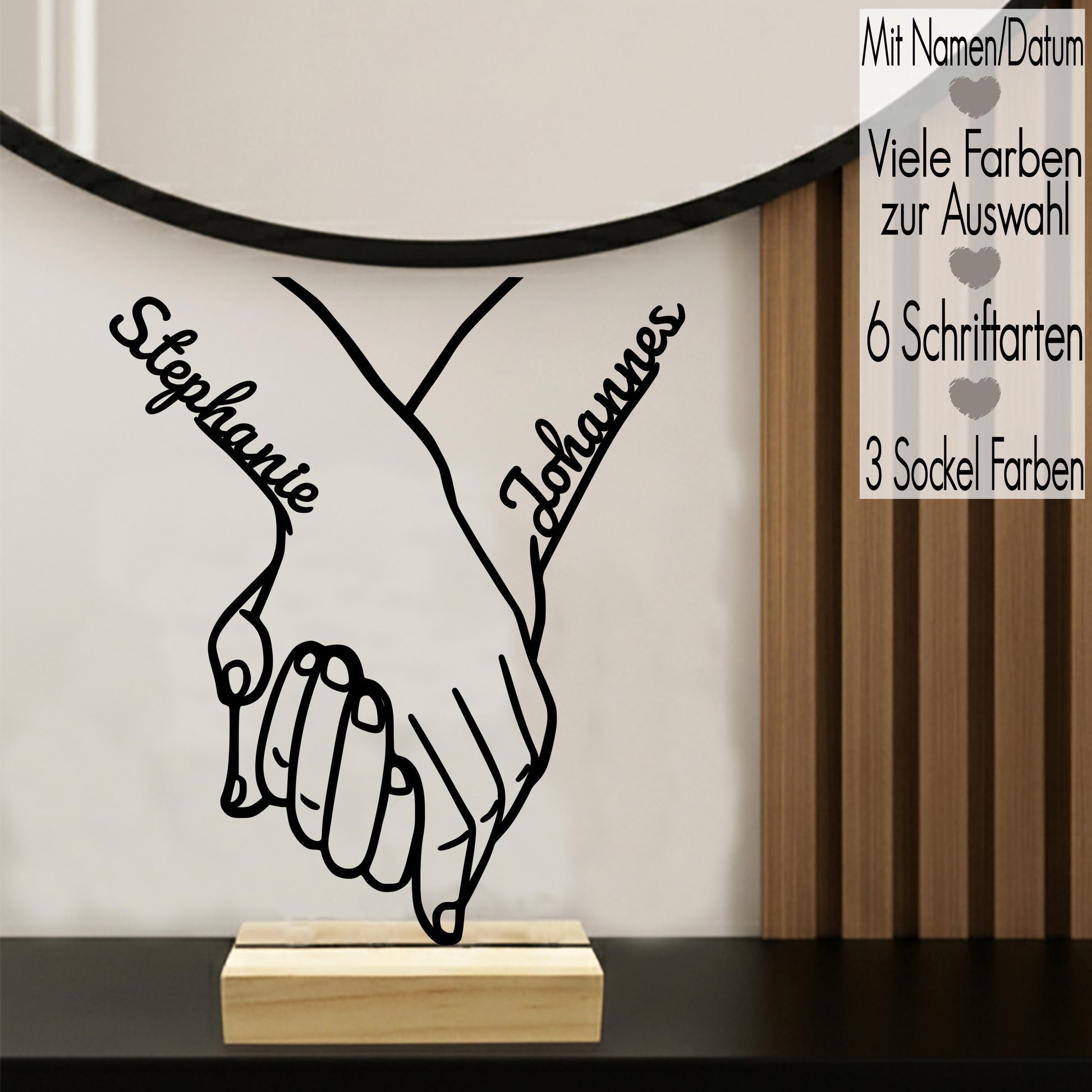Partnergeschenk Line Art Aufsteller mit Namen | Geschenk für Sie Ihn minimalistische Deko Hände | 3D Druck Jahrestag Valentinstag Hochzeit
