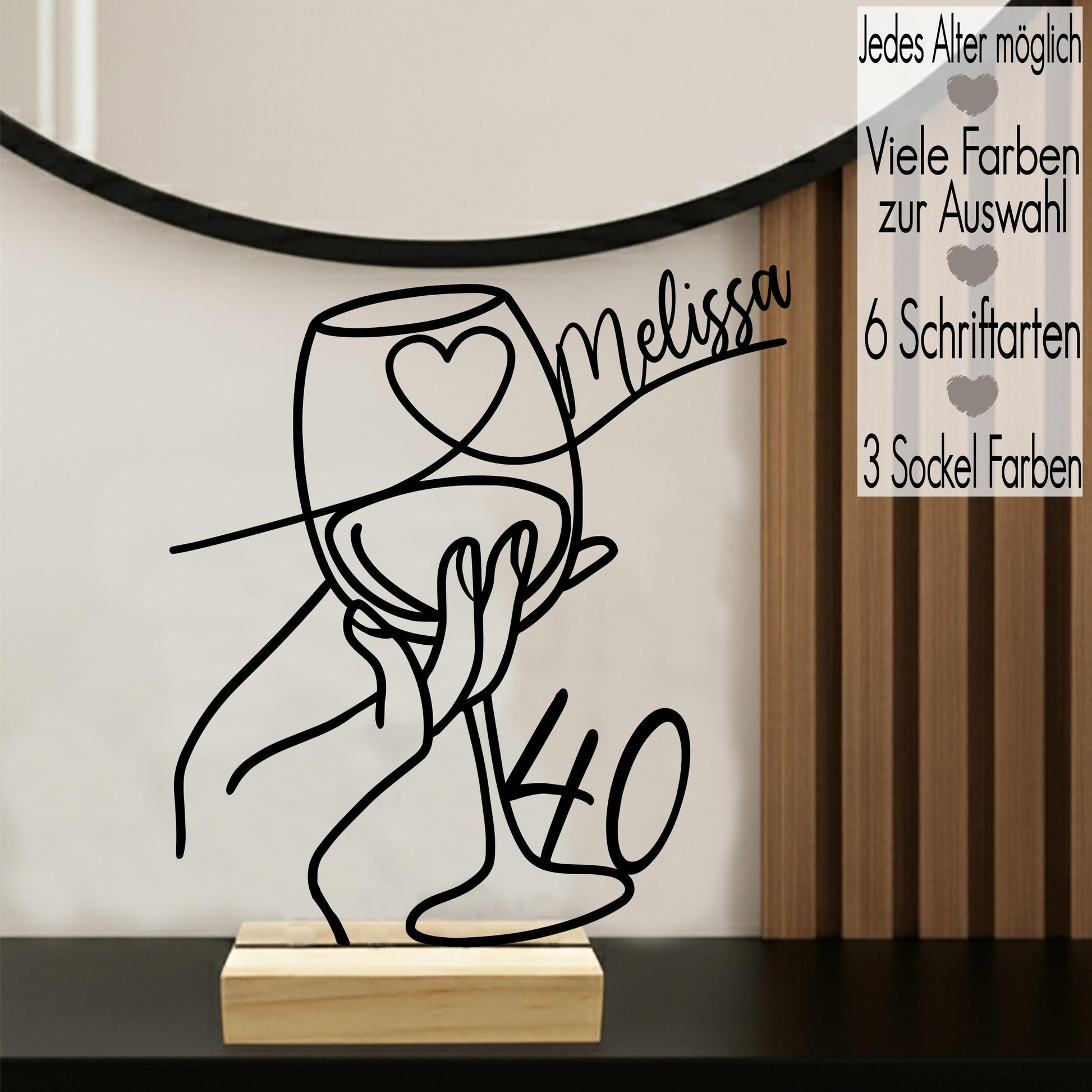 Geschenk zum 40. Geburtstag | jedes Alter 18 30 50 60 70 80 runder Geburtstag | Line Art Aufsteller mit Name & Alter Deko 3D Druck Weinglas