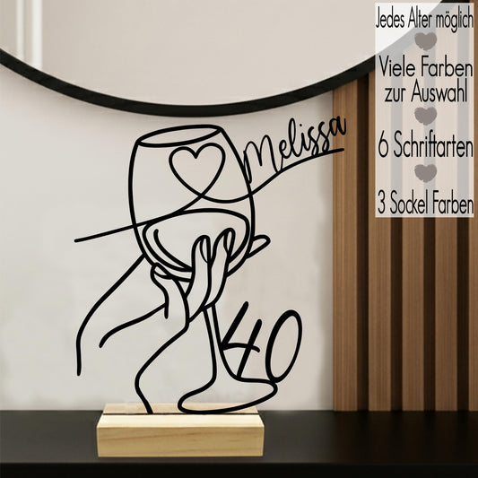 Geschenk zum 40. Geburtstag | jedes Alter 18 30 50 60 70 80 runder Geburtstag | Line Art Aufsteller mit Name & Alter Deko 3D Druck Weinglas