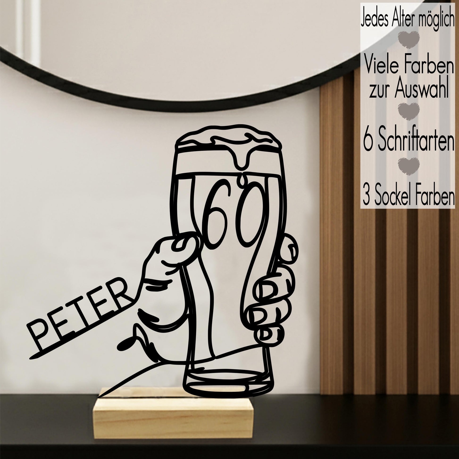 Geschenk zum 60. Geburtstag | jedes Alter 18 30 40 50 70 80 runder Geburtstag | Line Art Aufsteller mit Name & Alter Deko 3D Druck Bierglas