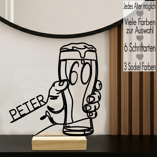 Geschenk zum 60. Geburtstag | jedes Alter 18 30 40 50 70 80 runder Geburtstag | Line Art Aufsteller mit Name & Alter Deko 3D Druck Bierglas