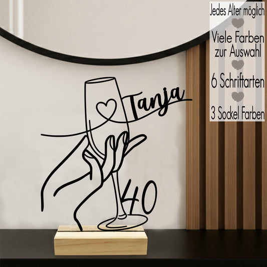 Geschenk zum 40. Geburtstag | jedes Alter 18 30 50 60 70 80 runder Geburtstag | Line Art Aufsteller mit Name & Alter Deko 3D Druck Sektglas