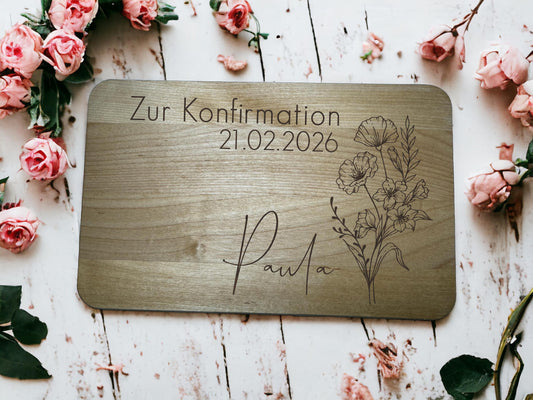 Geschenk zum Geburtstag Vesperbrett Monatsblume Schneidebrett mit Name Geburtsblume |jedes Alter 40 50 60 70 80 Line Art Blumen Taufe Geburt