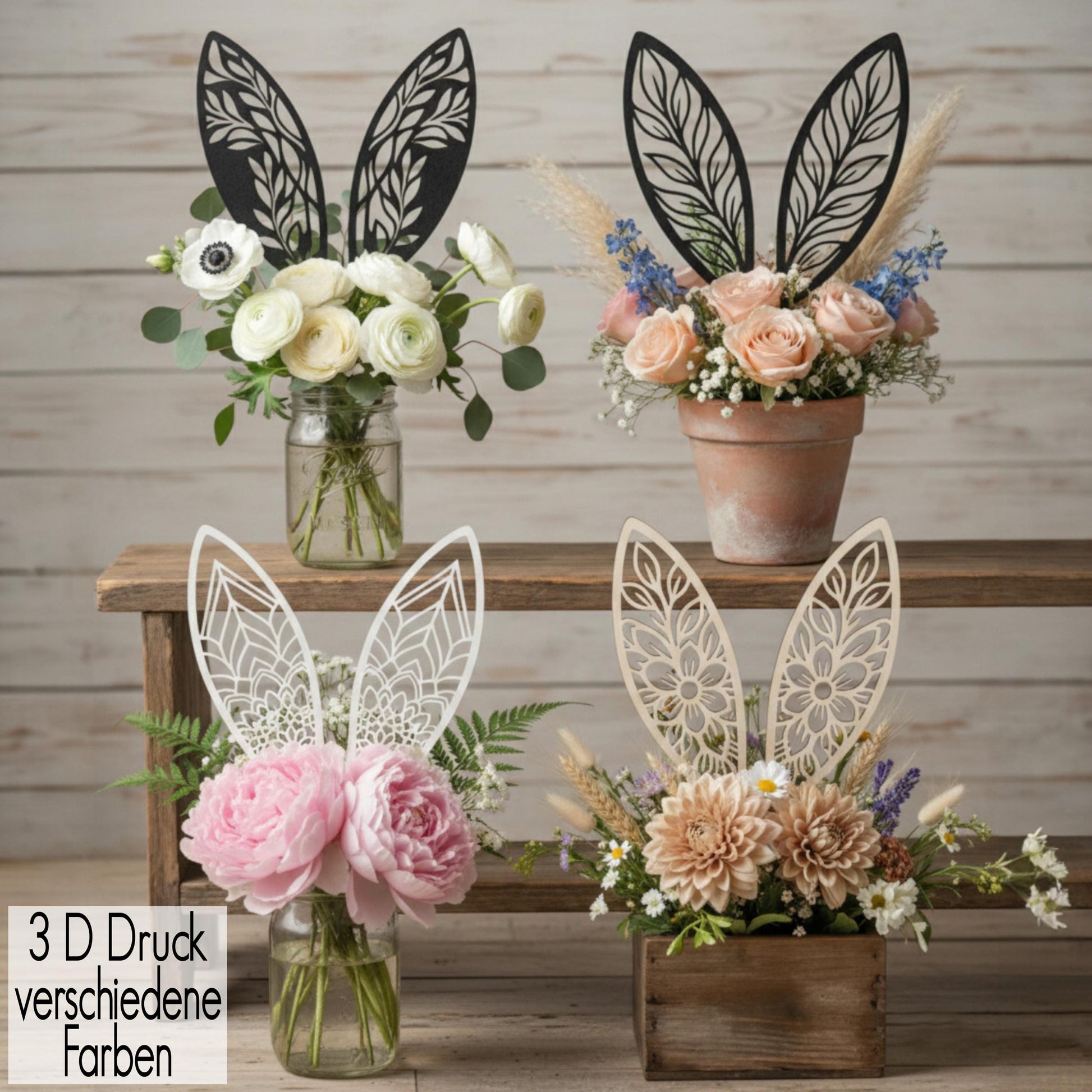 Hasenohren Blumenstecker Osterdecko für Blumentöpfe & Blumensträuße Vasen | 3D Druck Stäbe Ostern minimalistisch Line Art Deko Give away