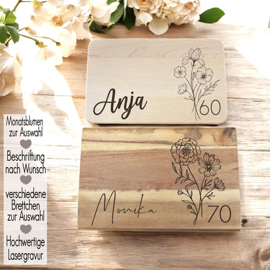 Geschenk zum Geburtstag Vesperbrett Monatsblume Schneidebrett mit Name Geburtsblume |jedes Alter 40 50 60 70 80 Line Art Blumen Taufe Geburt