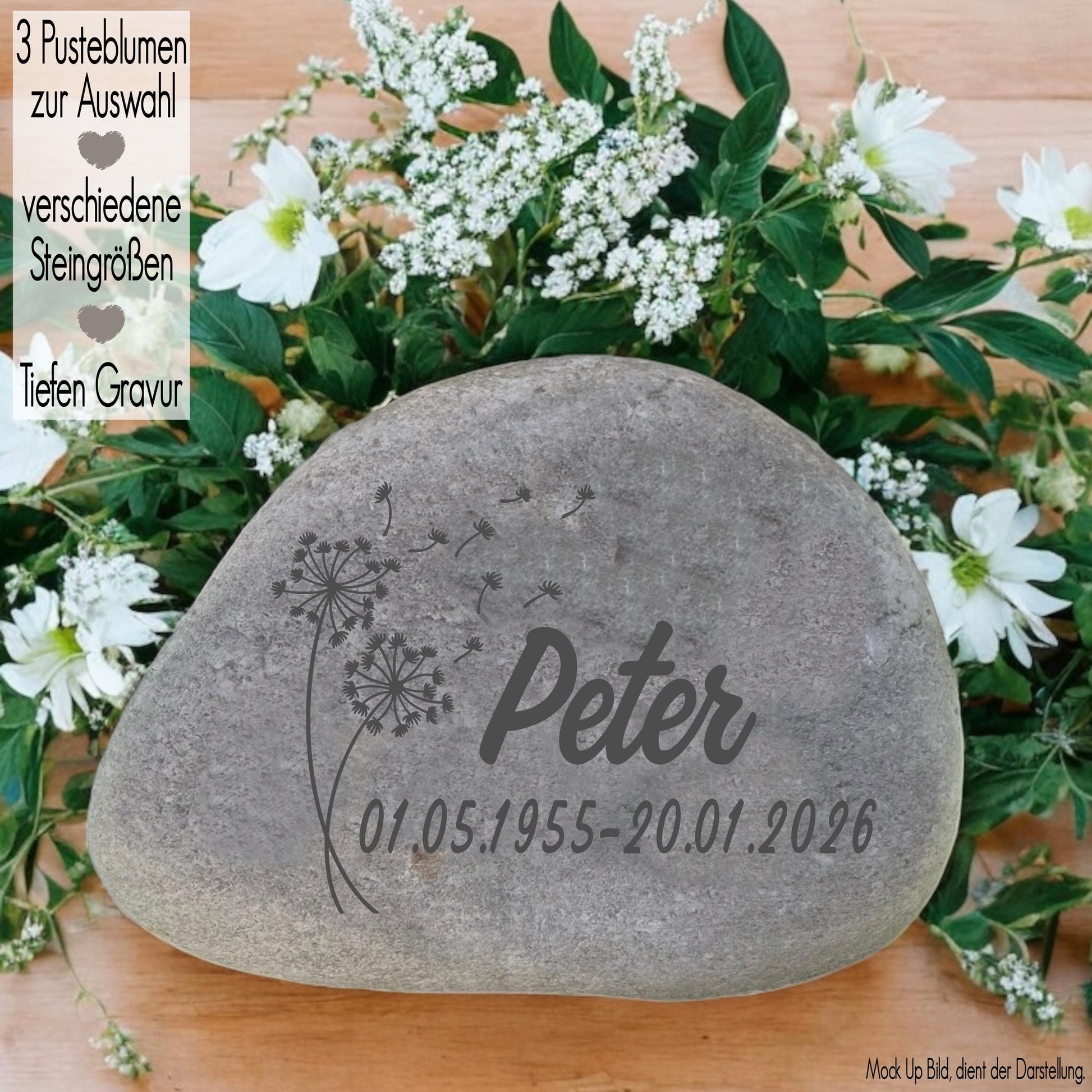 Gedenkstein mit Gravur Grabschmuck Natur Trauerstein Andenken Memorial Name Trauerdeko Urnengrab Grabstein Stein Seebestattung Pusteblume