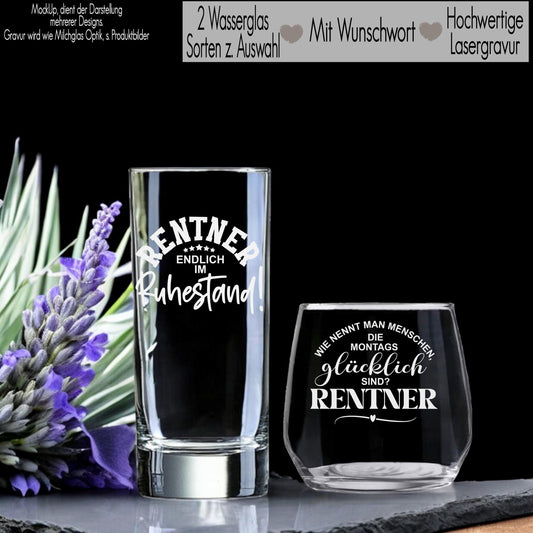 Trinkglas mit Gravur zum Ruhestand Geschenkidee für Kollegen zum Renteneintritt | Wasserglas Abschiedsgeschenk Mitarbeiter Montags Glücklich