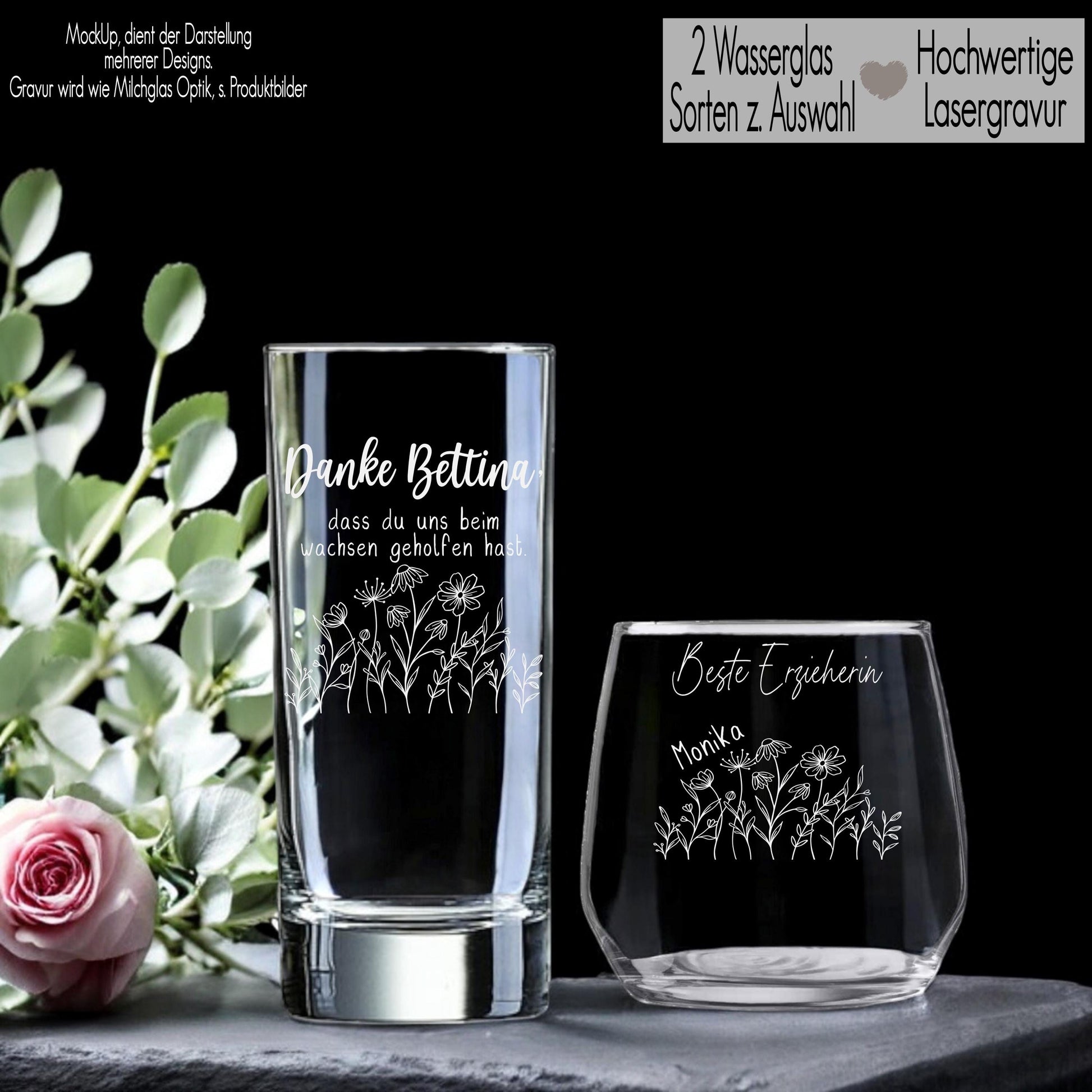Trinkglas mit Gravur Namen personalisiert Wasserglas | Geschenk Erzieherin zum Abschied Blumen wachsen geholfen Lehrer Danke von Kinder
