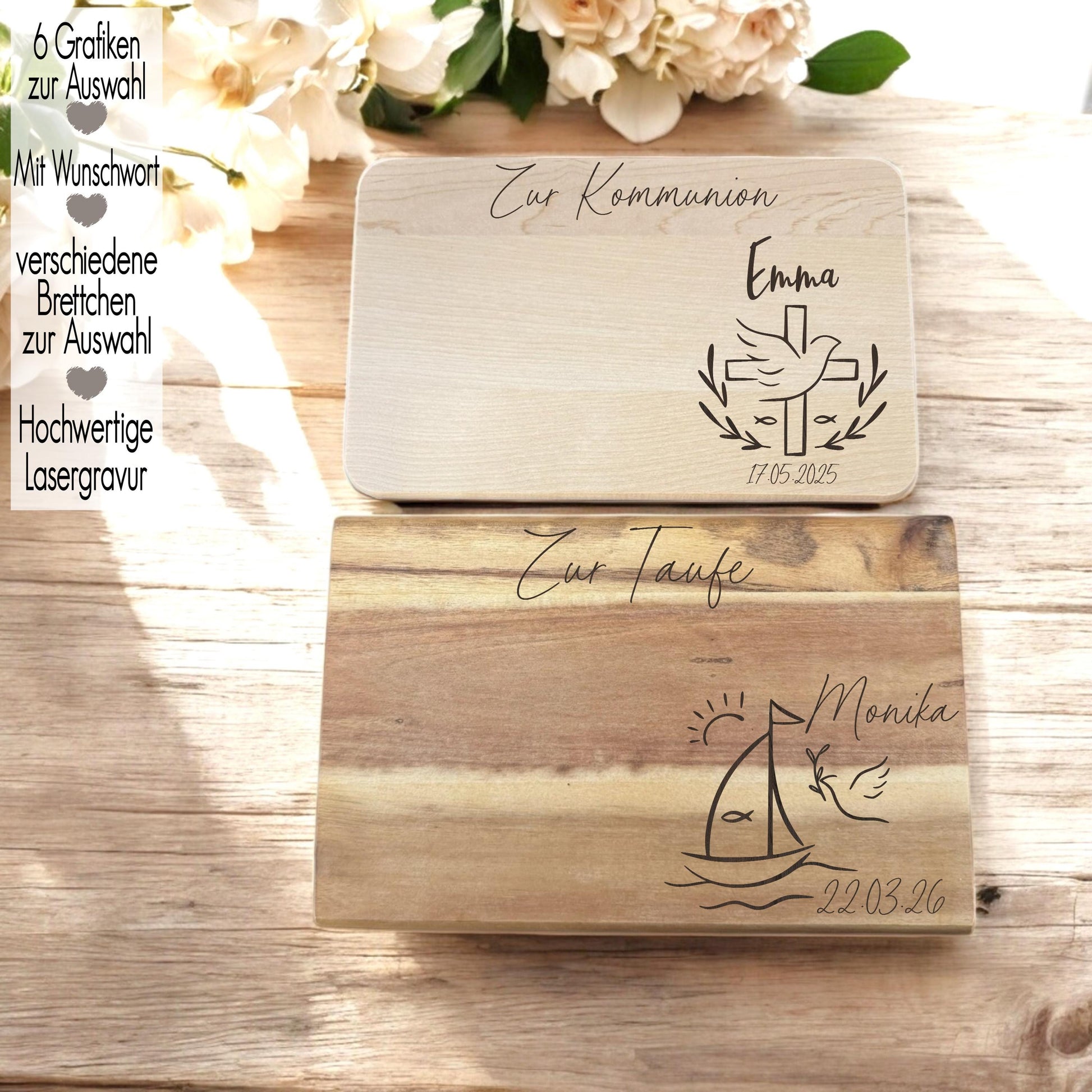 Schneidebrett für Taufe mit Name Grafik | Konfirmation Kommunion Geschenkidee Holzbrett Gravur | Brotzeitbrett Vesperbrett Paten Taube Kreuz