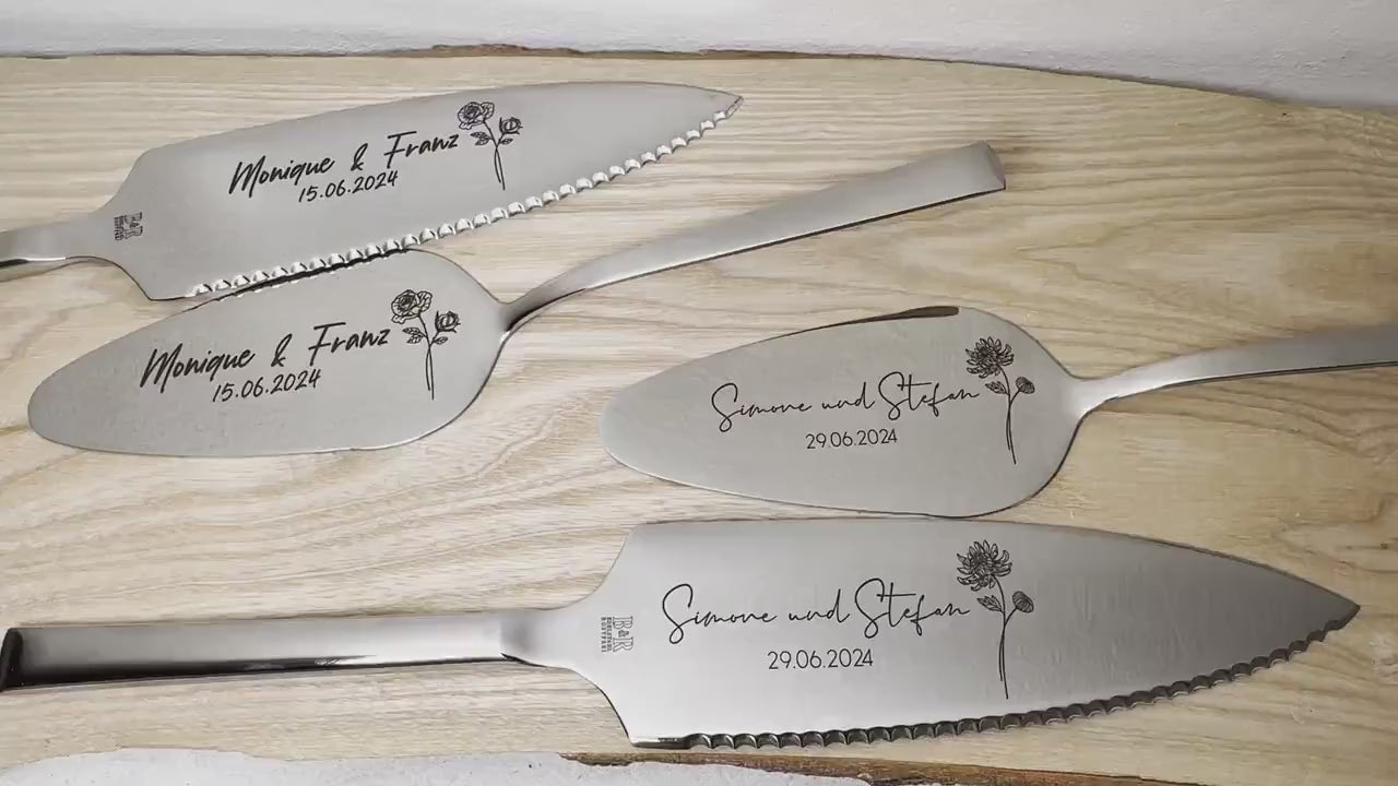 Tortenheber o. Tortenmesser Set personalisiert | Gravur Wunschtext | Geschenk zur Hochzeit | Jahrestag | Monatsblumen Gold o. Silber