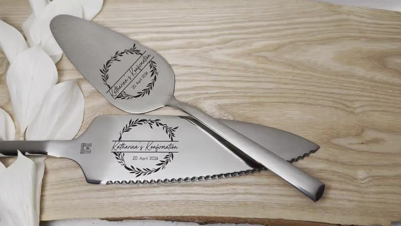 Tortenheber inkl. Tortenmesser im Set personalisiert | Gravur Wunschtext | Geschenk zur Hochzeit | Jahrestag | Kranz Flower Gold o. Silber